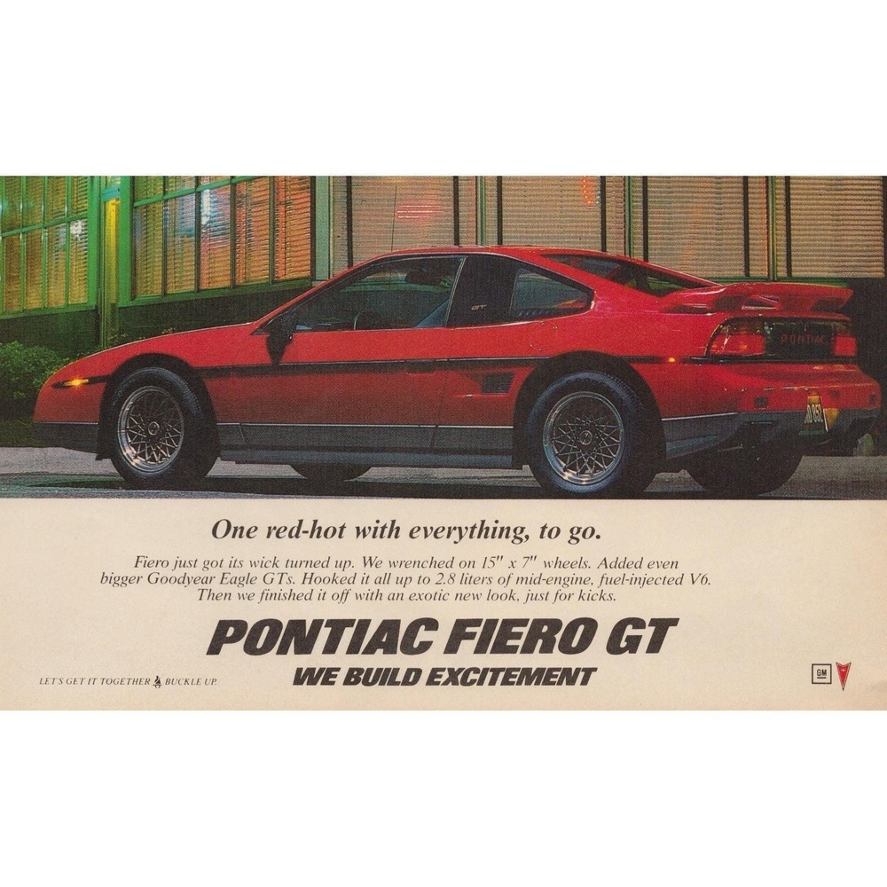 Vintage 1986 Pontiac Fiero GT Print Ad Mid Engine Red Sports Car Coupe Decor